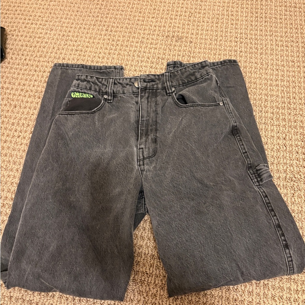 Gray Denim Pants with Green Logo